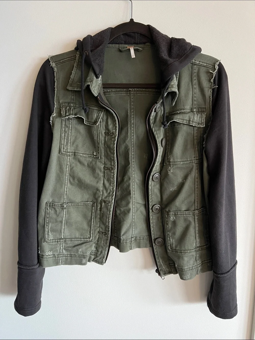 Free People Olive Green Moto Jacket with Black Hoodie and Sleeves